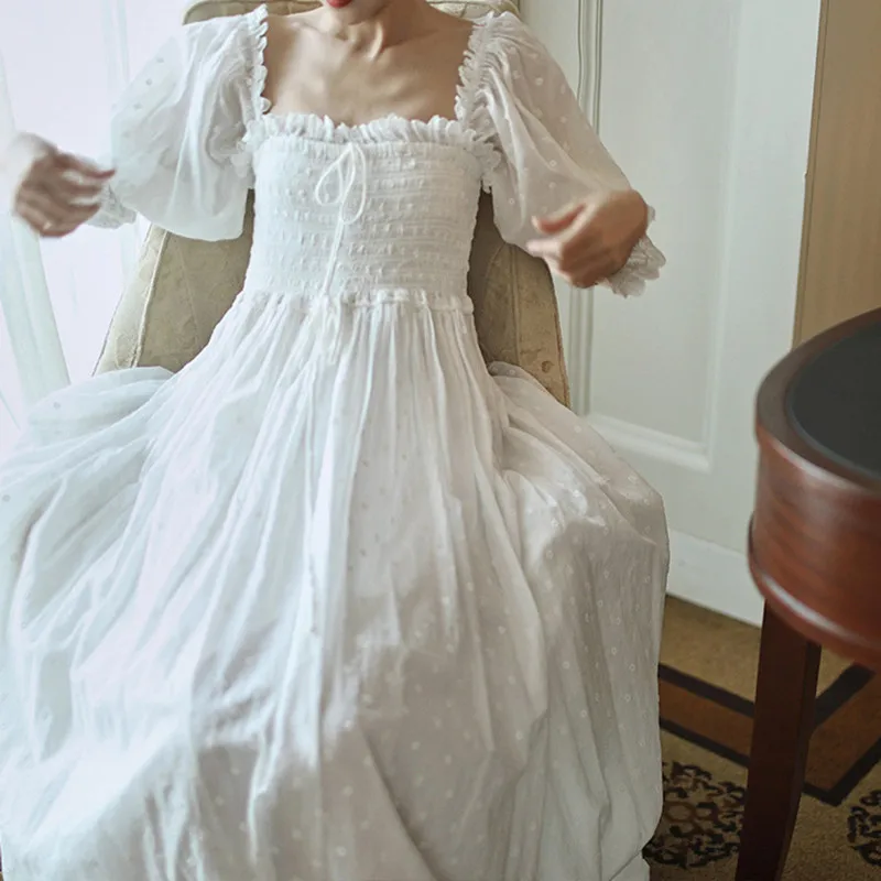 Women Sexy Square Collar Sleepwear 100% Cotton Full Sleeves White Nightdress Princess Vintage Embroidery Long Nightgown Nightie