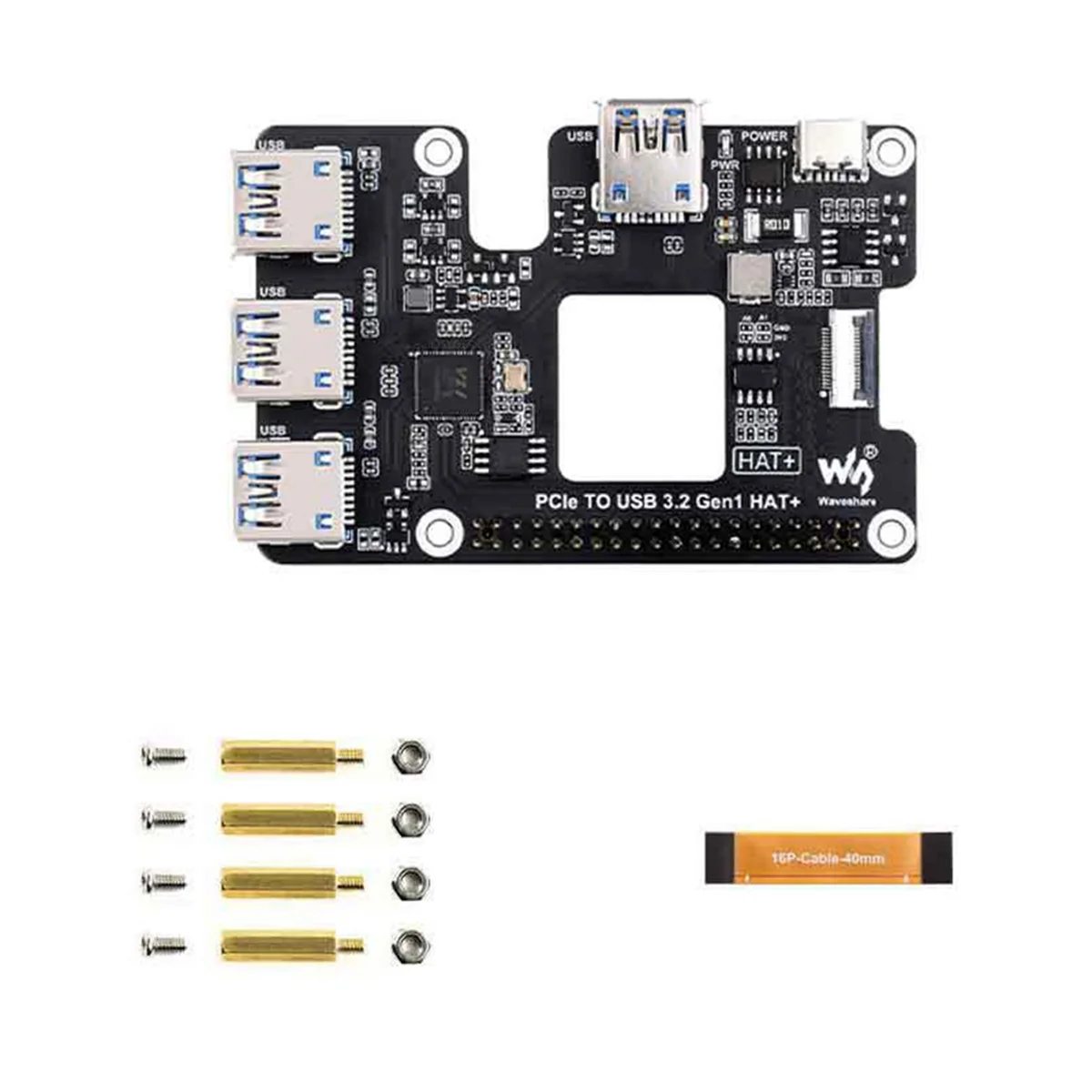 AT87-Waveshare PCIe to USB 3.2 Gen1 HAT+Expansion Board for Raspberry Pi 5 PCIe to USB HUB 4 High Speed USB Driver-Free Plug and