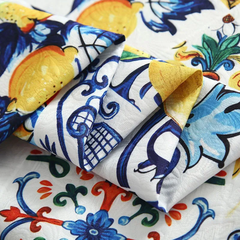 Fashion Sicilian Blue and White Porcelain Lemon Thin Jacquard Fabric For Woman Spring Dress Jacket Coat DIY Cloth Sewing