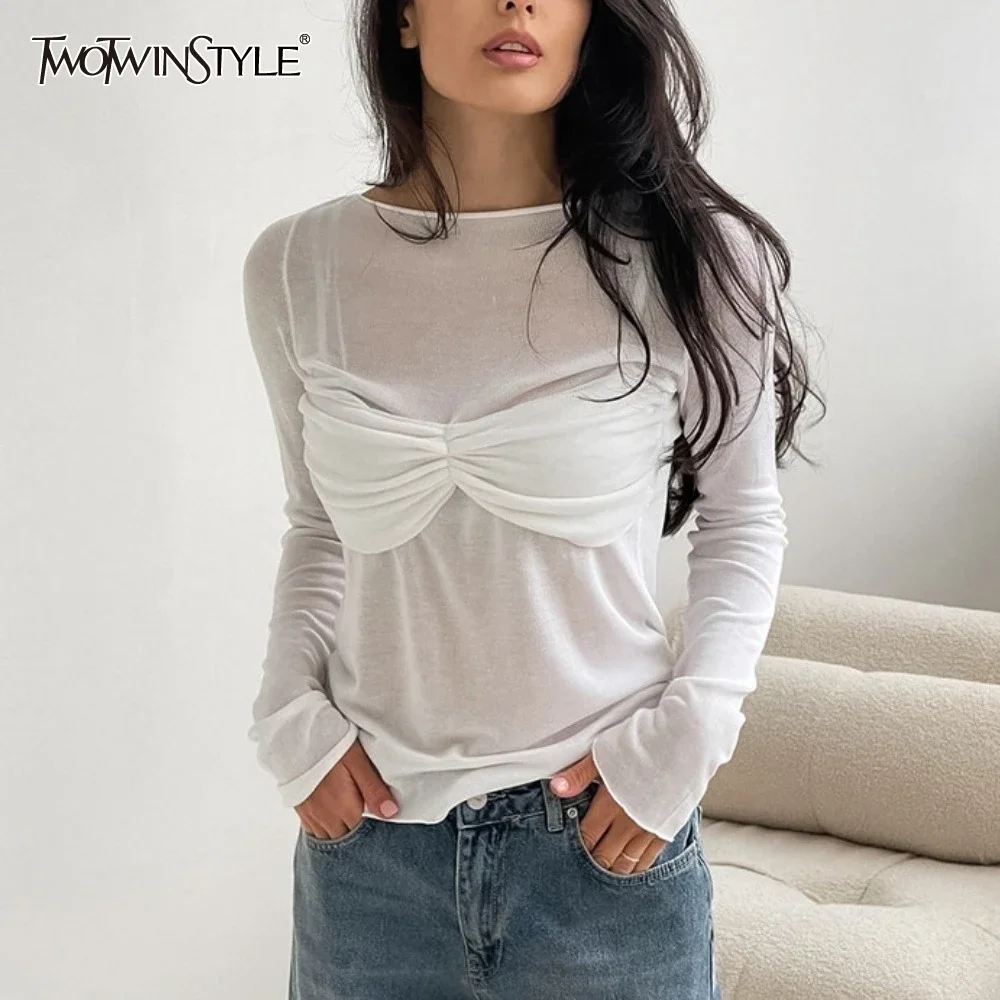 TWOTWINSTYLE Solid Spliced Bowknot Slimming T Shirt for Women O Neck Long Sleeve Temperament T Shirts Female Fashion