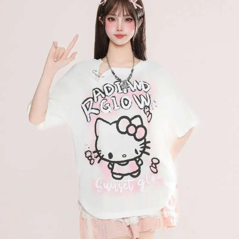 

Топы Hello Kitty, трендовые женские футболки, индивидуальная уличная одежда, женская футболка с короткими рукавами, футболка, одежда, повседневный топ для девочек, новинка 2023 года