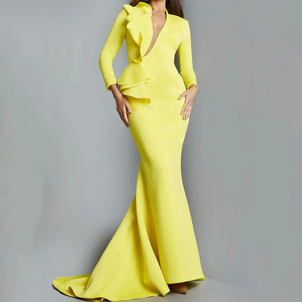 

Customized Mermaid Evening Dresses Floor-length V-neck Full Sleeve Prom Gown Fashion Ruched Simple Draped Casual Party Gown