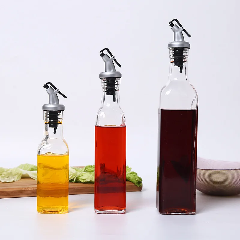 Botella de aceite de oliva de vidrio transparente, 150/250/500ML, a prueba de fugas, condimento de cocina, salsa de soja, vinagre, tipo prensa, crueta, barbacoa