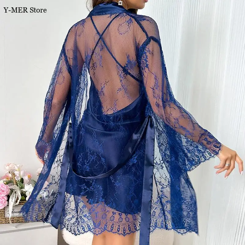 Sexy Sheer Mesh Robe Nightdress Women Short Sleepwear Satin Lace Trim Kimono Mini Sling Nightgown Ice Silk Intimate Lingerie