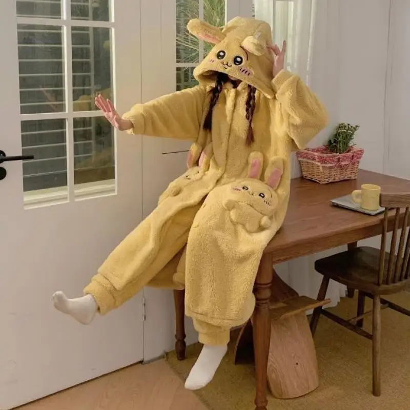 

Kawaii Chiikawass Plush Nightgown Home Clothes Students Hooded Loungewear Anime Cartoon Winter Outdoor Thicken Keep Warm Pajamas
