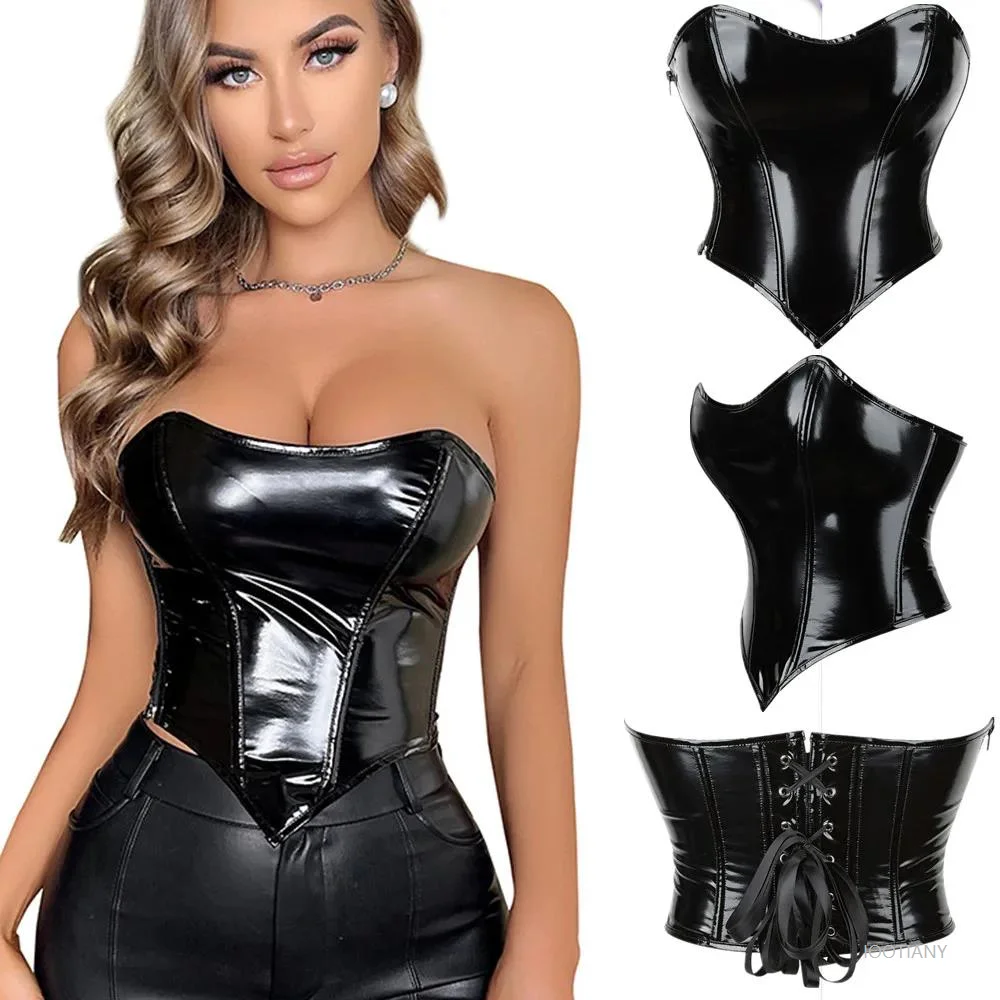 

Sexy Women Vintage Versatile PVC Leather Gothic Bandage Corset Fashion Shiny PU Patent Leather Short Strapless Lingerie