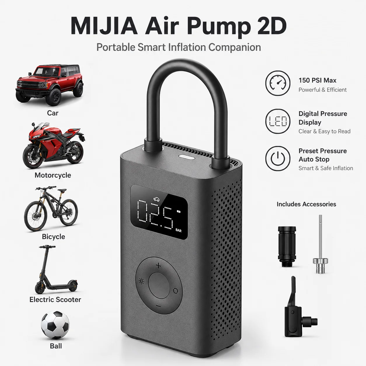 XIAOMI MIJIA AIR PUMP 2D PORTABLE ELECTRIC TIRE INFLATOR 150PSI TYPE-C FOR CAR BIKE