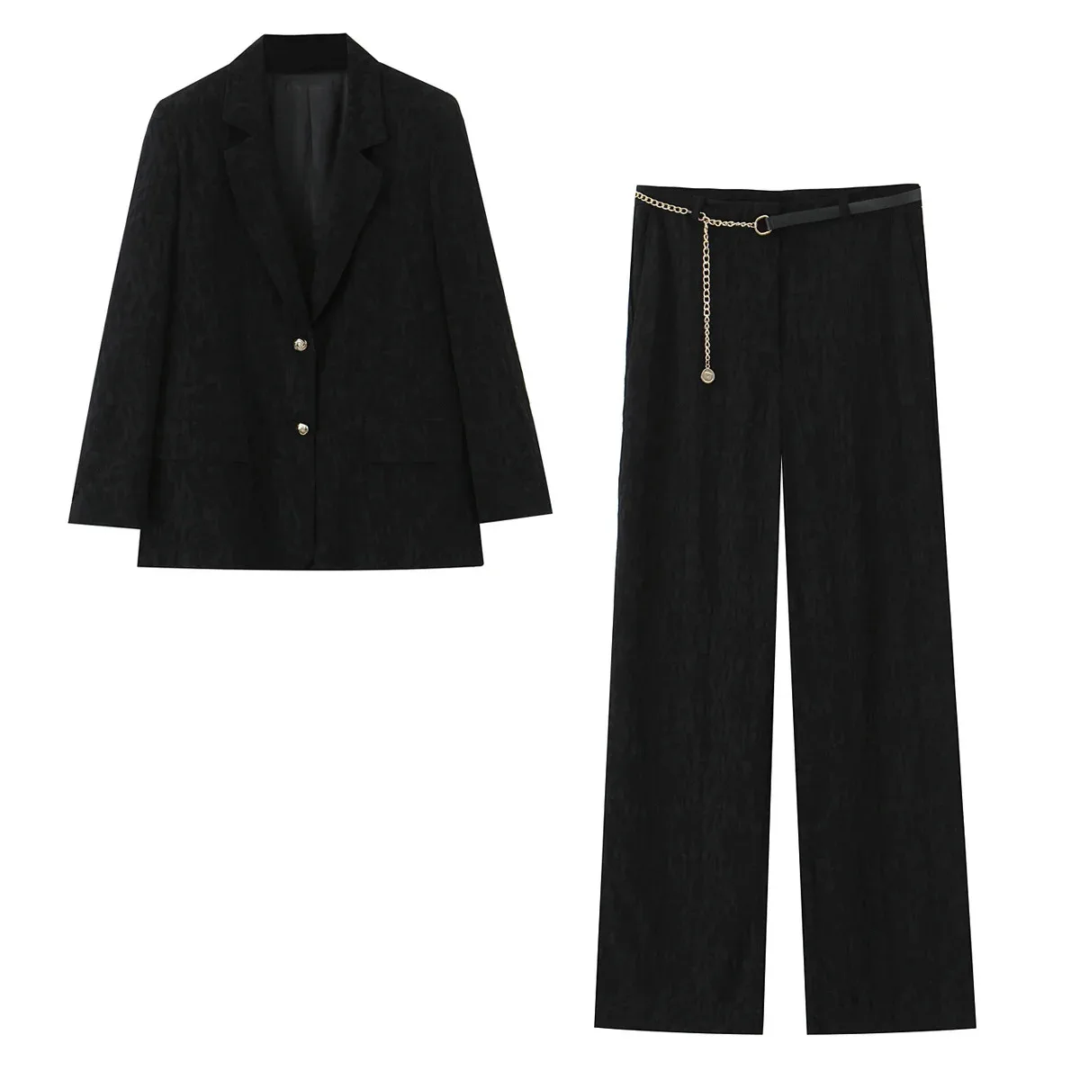 

HH Women Elegant Pants Suit Single-breasted Long Sleeve Lapel Shoulder Pad Blazer Jacket+Zipper Chain Matching Pocket Pants