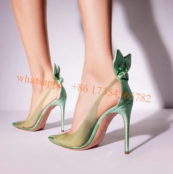 

Women 2022 PVC Pointed Toe Bow Tie Pumps Deaign Big Size Summer Clear Thin High Heel Pink\Black\Pale Green Patent Leather Shoes