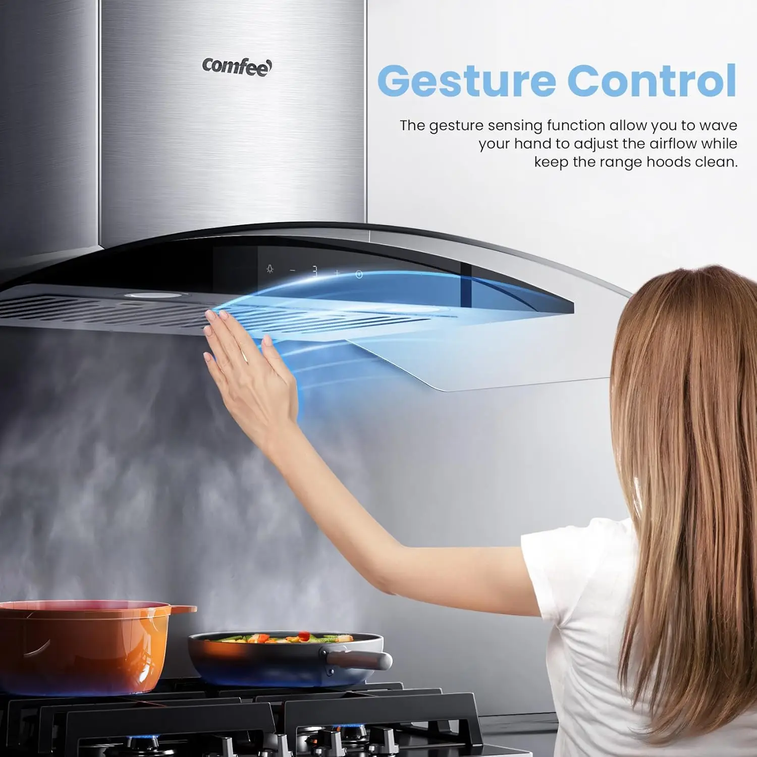 Glass Range Hood 36 Inch 450  3 Speed Gesture Sensing &Touch Control Panel Stainless Steel Kitchen Ductless