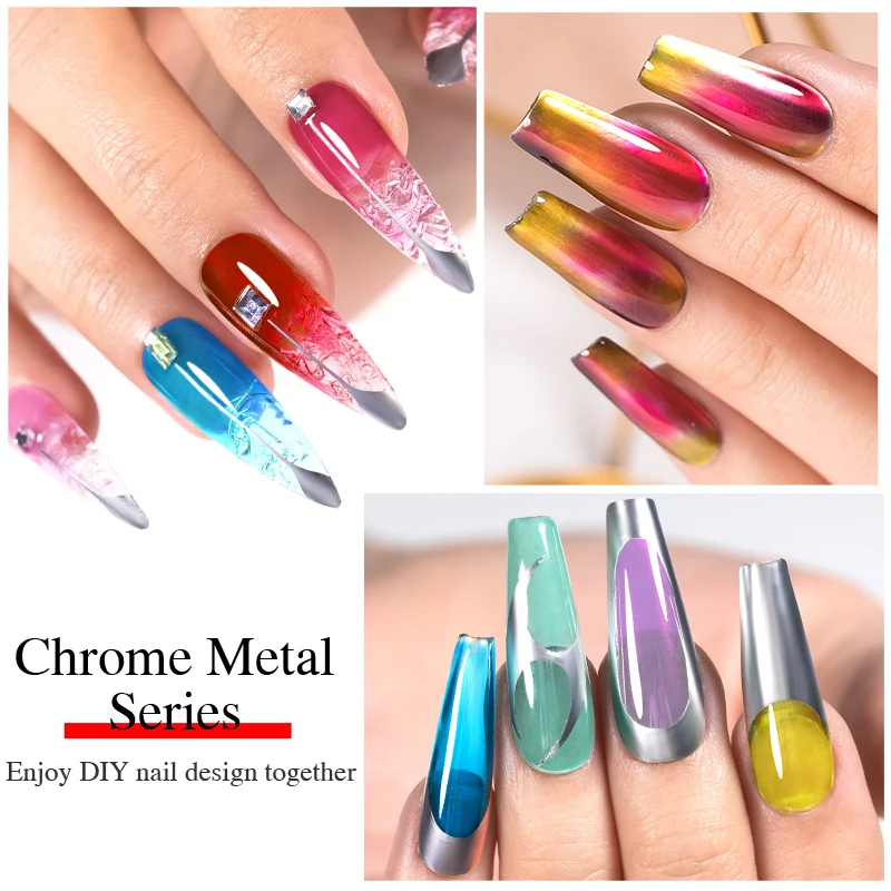 PUENTE Super Shine Silver Metal Gel With Colorful Glaze Mirror Chrome Effect Gel Nail Polish Semi-permanent Nail Art Varnish