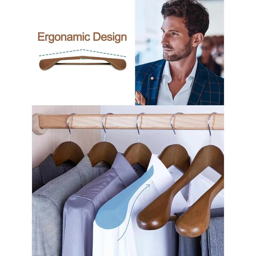 

Деревянные вешалки с широкими плечами, 12 шт., деревянные вешалки для костюмов для мужчин с нескользящей планкой для брюк, вешалка для пальто для куртки, брюк, платья