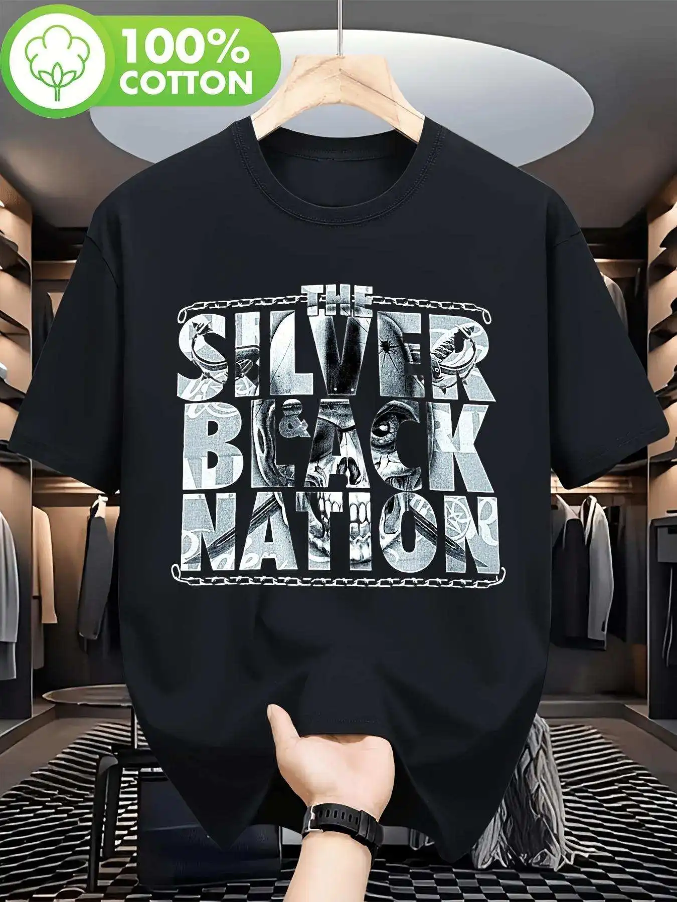 Men'S Trend Aesthetic Loose Standard Fit Printed New Men'S Medium Raiders Tee in Silvery Black, Made of Comfortable Skin Friendly Casual Daily Outfit T Shirts A Must-Have Item for Your Summer Wardrobe, Versatile and Perfect for Gifting