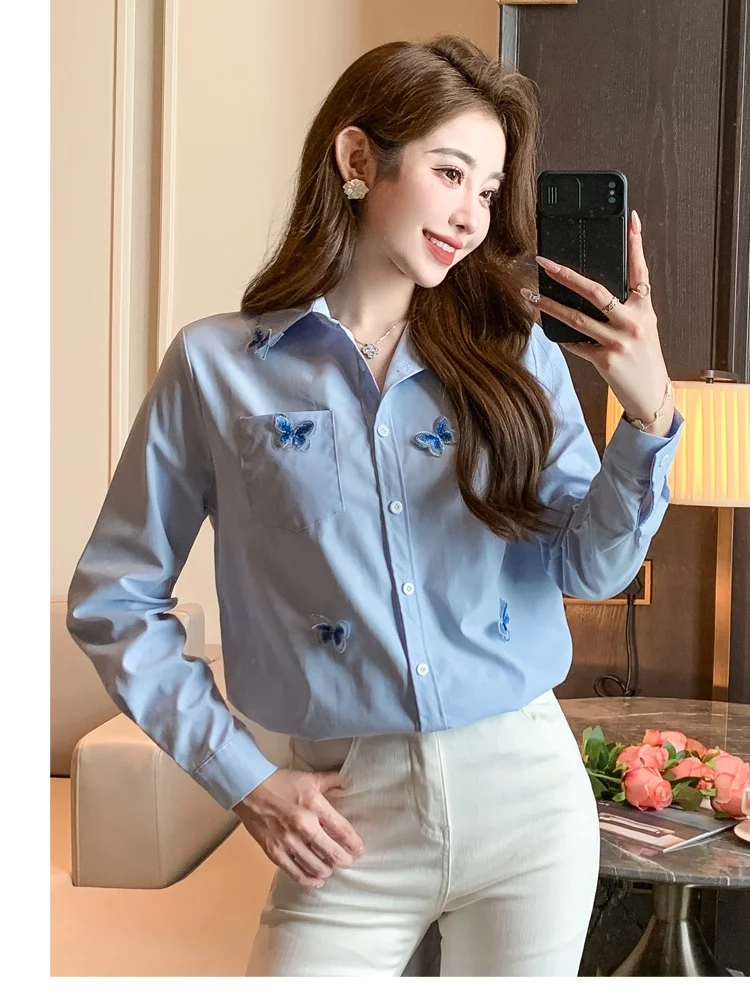 

SMTHMA 2024 New Autumn 3D Three-Dimensional Butterfly Long Sleeved Shirt Women's Turndown Collar Fashion Elegant Loose Top