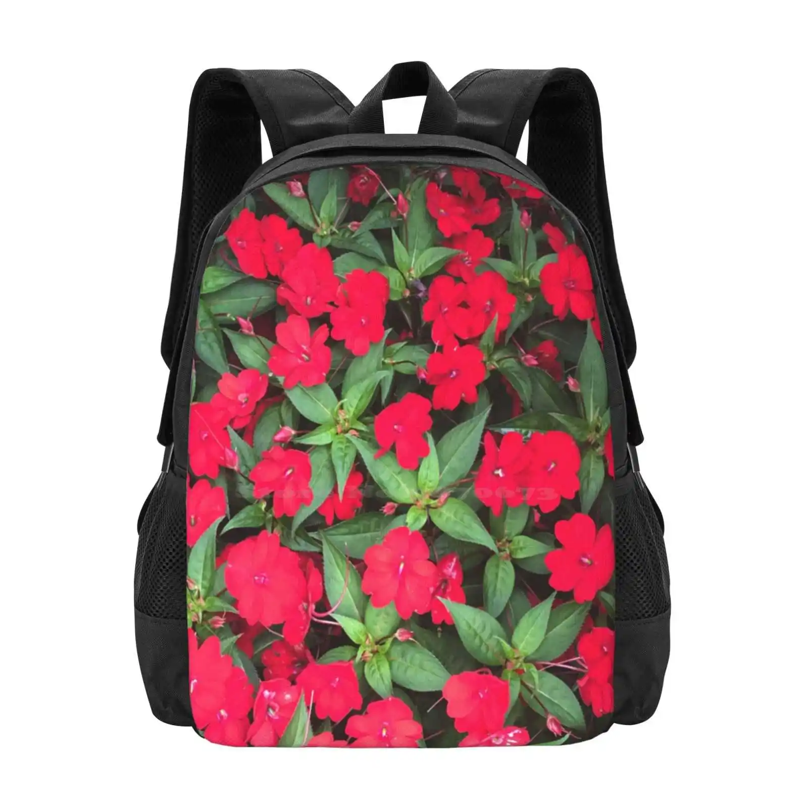 Brilliant Red Impatience In Bloom Hot Sale Schoolbag Backpack Fashion Bags Red Blossom Bloom Flowers Spring Growing Vibrant