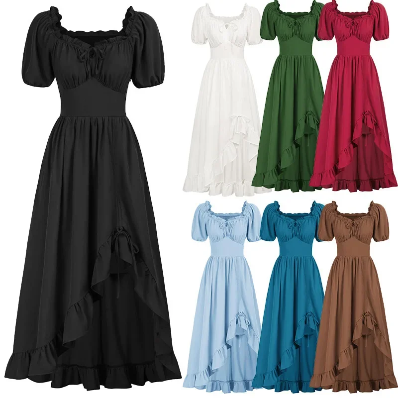 Vestido de bruxa vintage feminino, Renascença medieval, cintura definida, alta baixa, irregular, traje celta, Dia das Bruxas