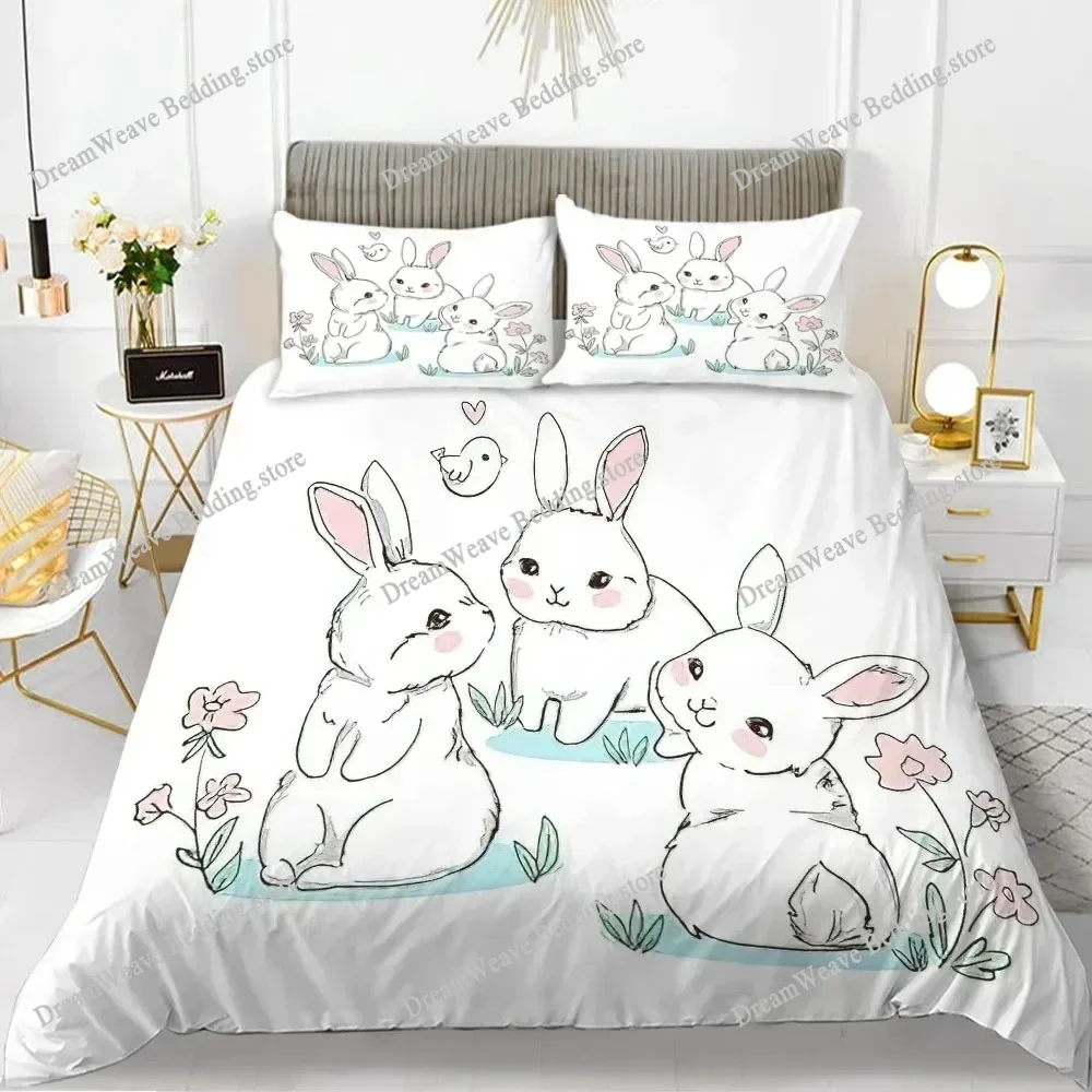 

3D Print Rabbit Duvet Cover Set Cartoon Animals Theme Kawaii Cute Pink King Queen Size for Kid Girls Women Polyester Bedding Set