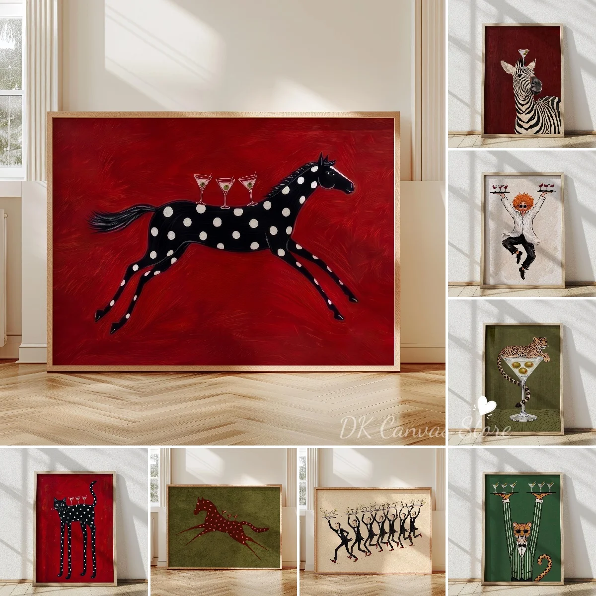 Whimsical Horse & Martini Canvas Prints Poster Vintage Quirky Funny Animal Waiter Art Print Bar Cart Wall Art Home Decor Poster