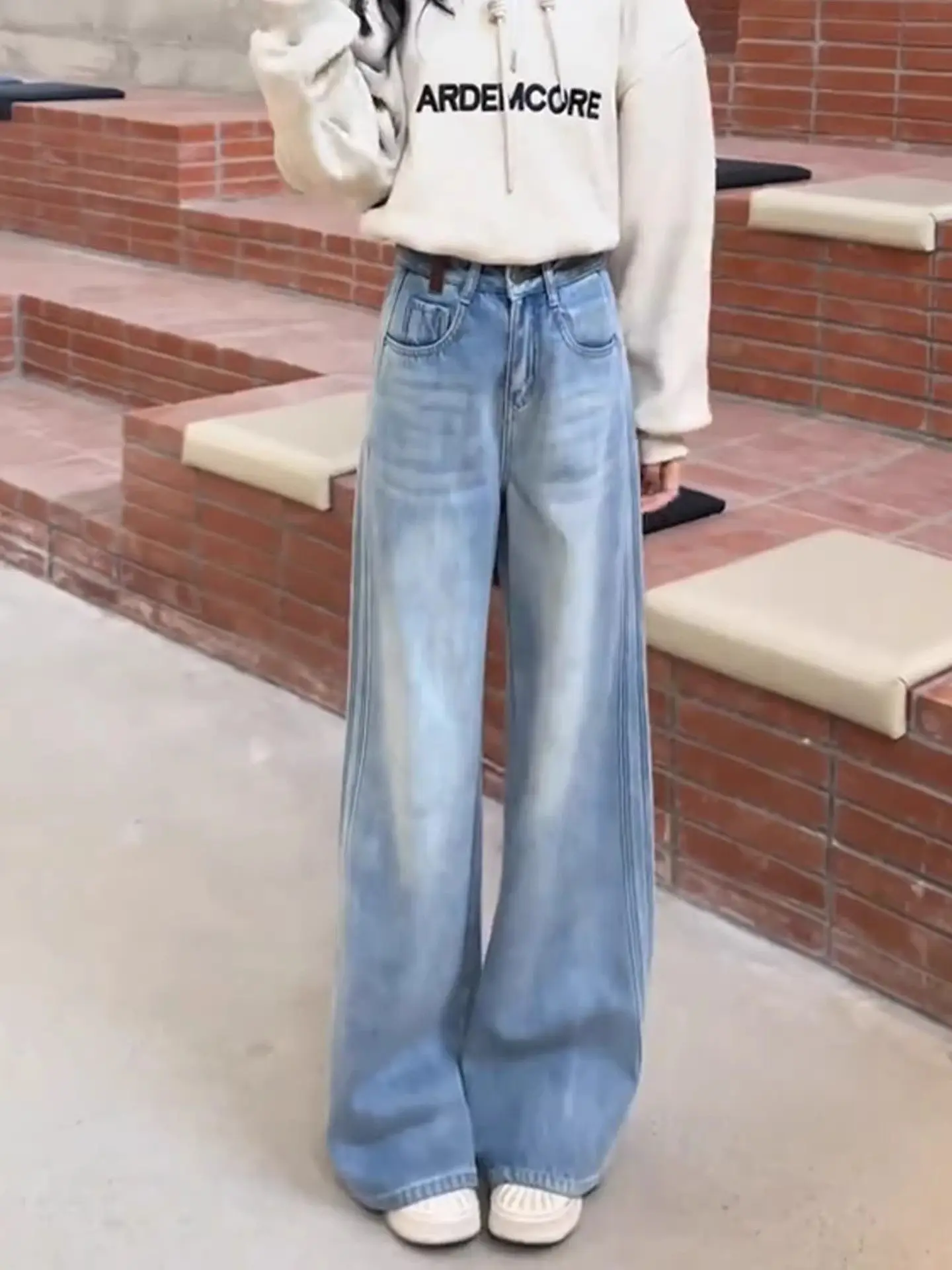 

Light Blue Fce Lined Wide Leg Jeans Women's Loose Slimming Drapey Straight Floor Length Pants Vintage Sle High Waist