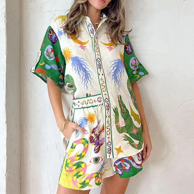 High Quality 2024 Summer Temperament Commuting Printing Three Quarter Sleeve Casual Women Shirt Blouses Fashionable Shorts Set