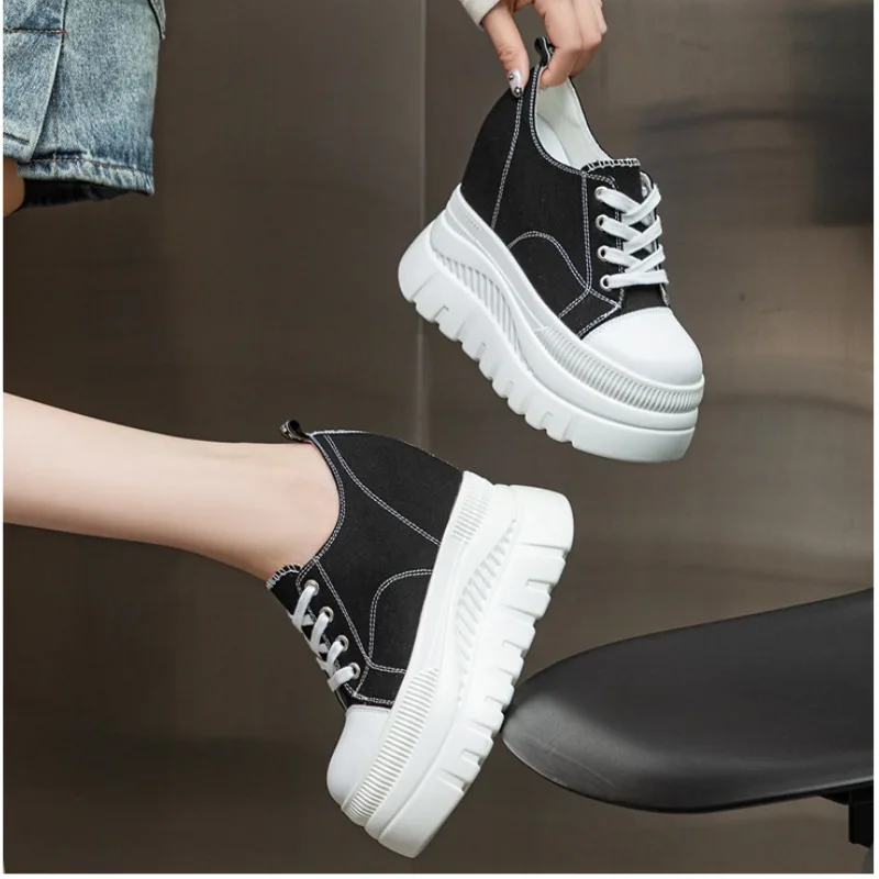 High quality 12cm Denim Women Breathable Platform Hidden Heels Shoes Cow Genuine Leather Chimney Fashion Spring Chunky Sneaker