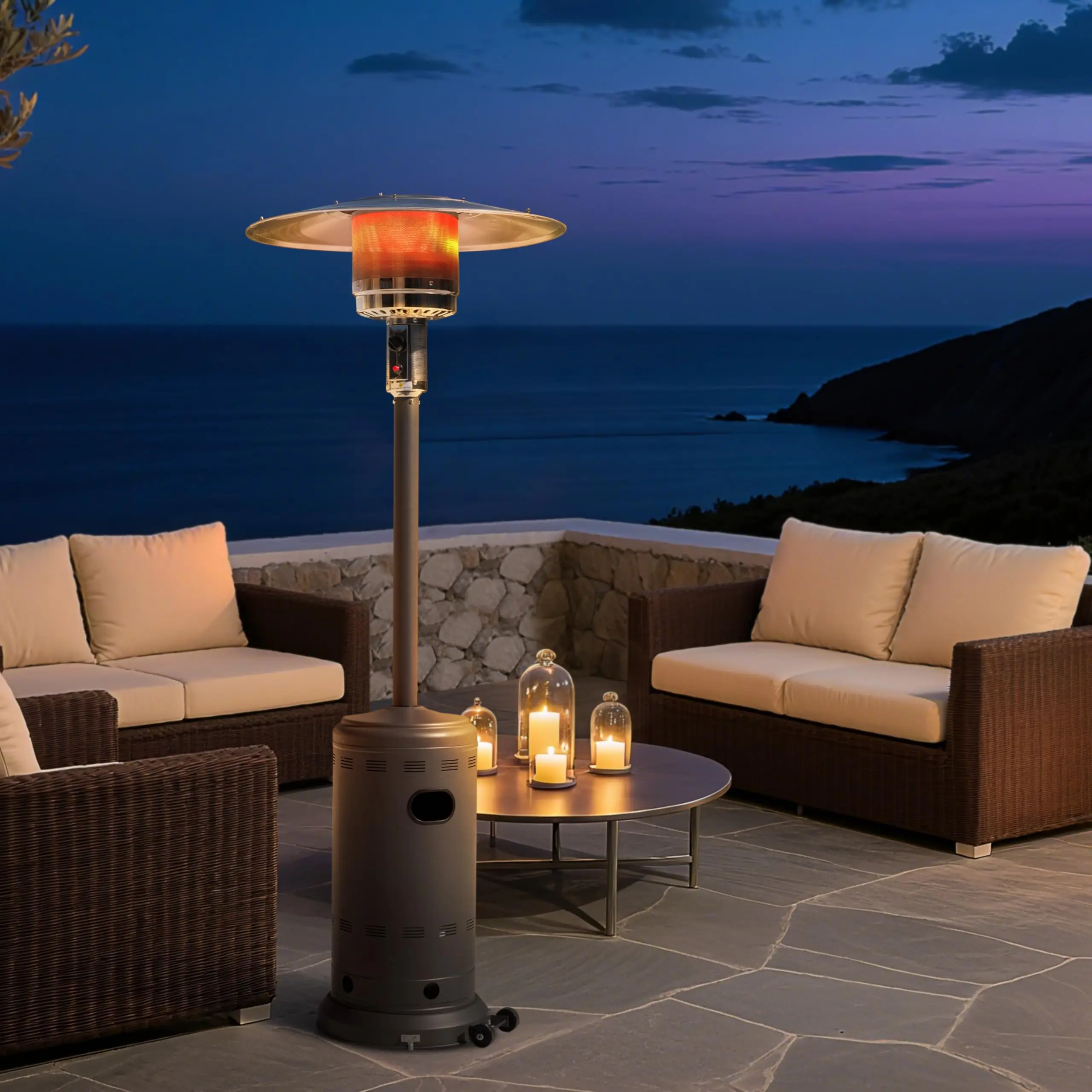 Outdoor Propane Patio Heater with 304 Stainless Steel Burner and Aluminum Reflector, Powder-Coated Heater with Wheels