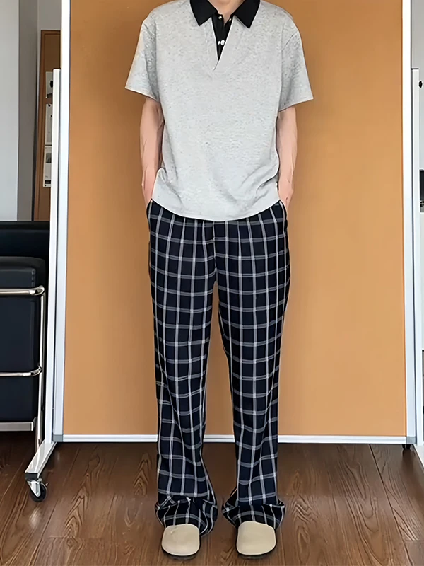 

Мужские летние тонкие брюки в стиле ретро, синие в клетку, прямого кроя, с высокой талией, свободные, повседневные