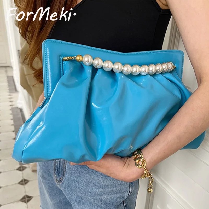 Women Bag Luxury Designer Ins Fashion Clutch Bag For Women Large Capacity Pearl Bead Pleated Cloud Bag Party Eveing