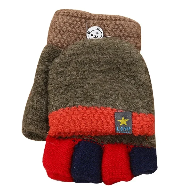 7-15 Years Old Autumn and Winter Cute Children's Woolen Gloves Student Thickened Warm Gloves Knitted Half Finger Flap Gloves