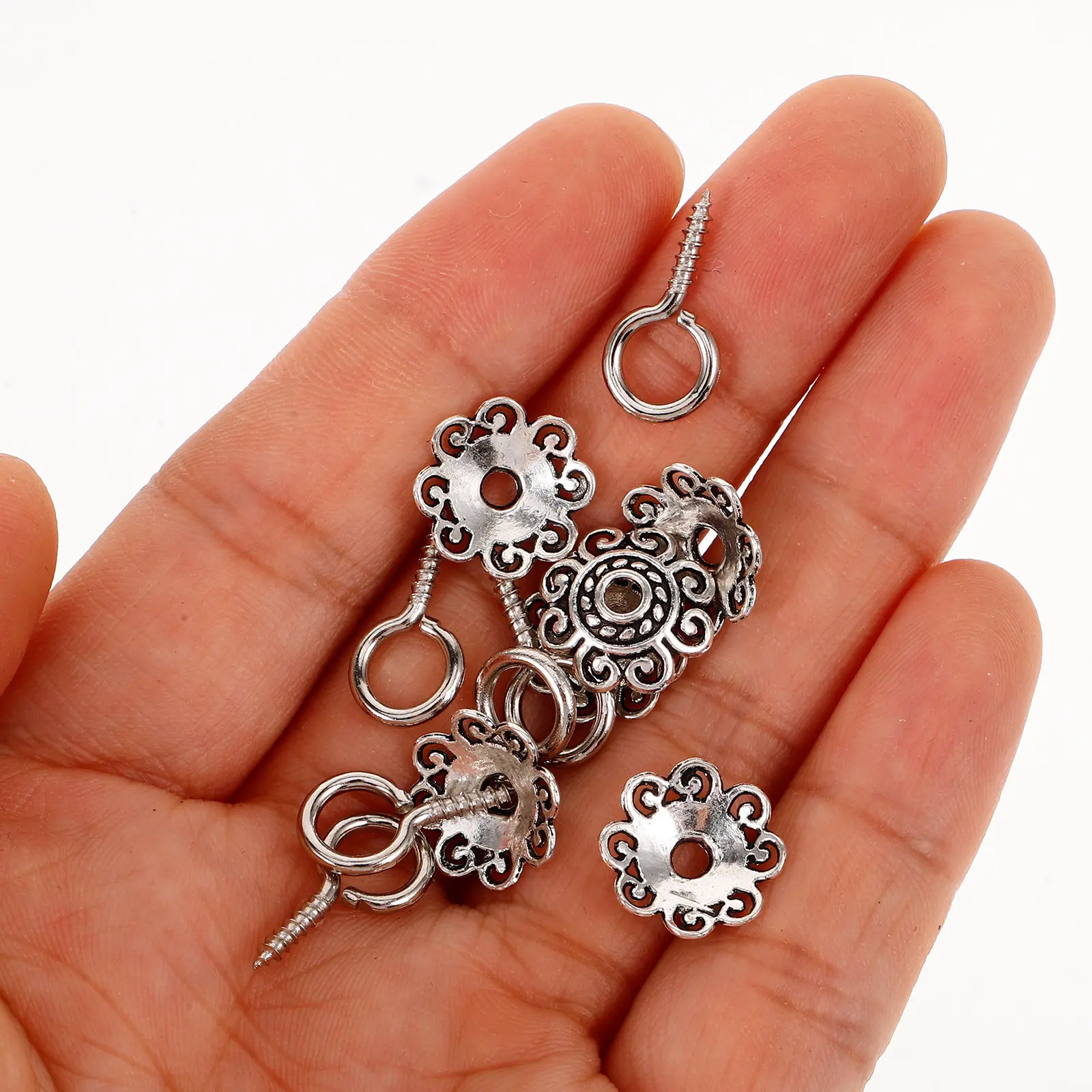 1Set Silver Flower Bead Caps Screw Eye Pin Set DIY Jewelry Making Beads Accessories Necklace Bracelet Earrings Parts