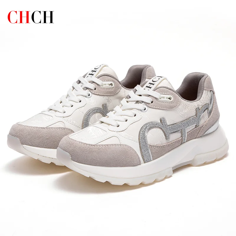 CHCH Women\'s Tennis Shoes New Cowhide Leather Splicing Flat Shoes Ergonomic Design Bone Correction Student Sports Shoes