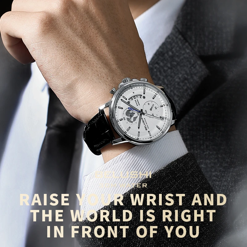 Men Watch Business Three Eye Timing Genuine Leather Waterproof Luminous Watch Steel Strip Male Fashion Quartz Clock Wristwatches