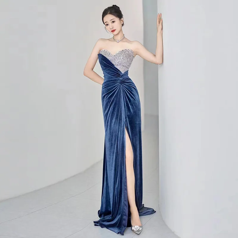 Exquisite Blue Sequin Velvet Splicing Cocktail Party Evening Dresses Charming Strapless Women's Evening Party Dresses