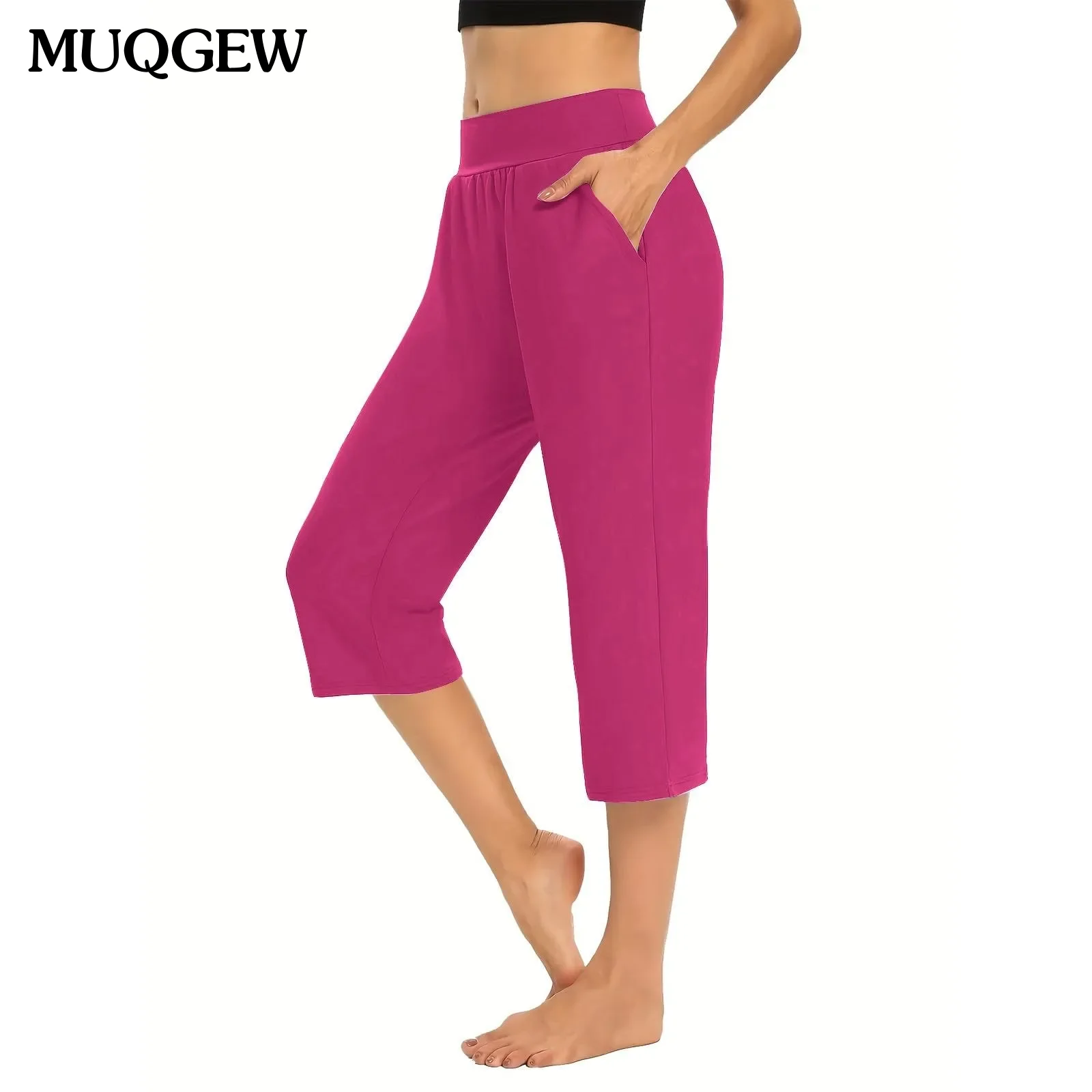

Однотонные брюки, женские эластичные брюки с высокой талией для женщин, повседневные активные капри, свободные брюки 3/4, спортивные брюки Femme