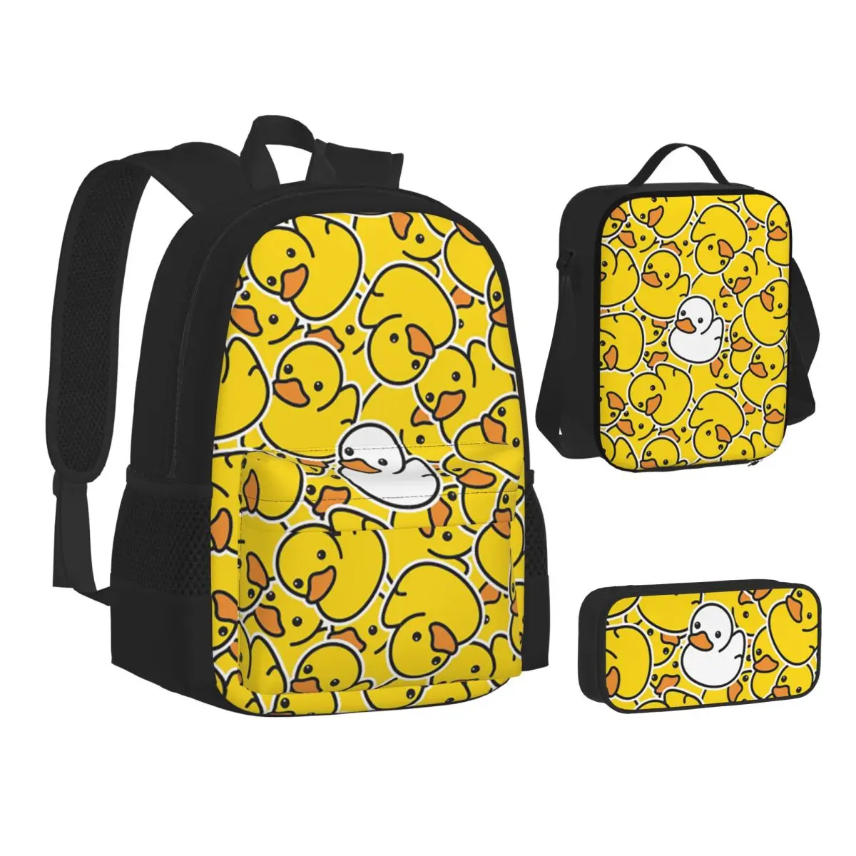 Yellow Duck Pattern Backpacks Boys Girls Bookbag School Bags Kids Rucksack Lunch Bag Pen Bag Three-Piece Set