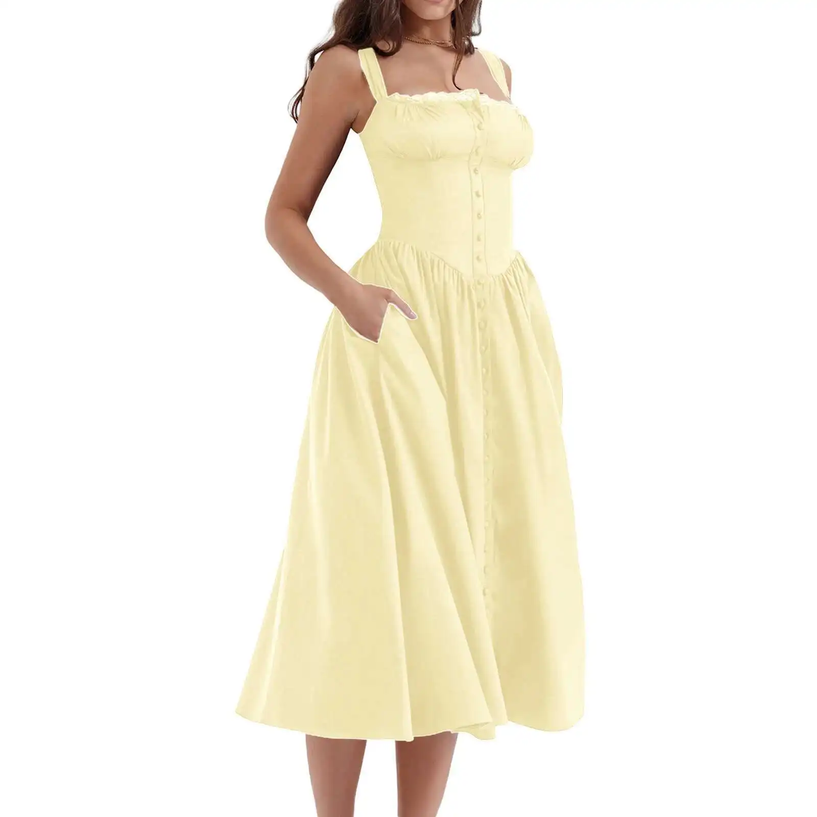 

Camisole 2023 Summer Skirt with Front Buckle, Back Strap, Waist Cinched, Lace on Top of Chest Summer Dress Robe Vestido Women 1