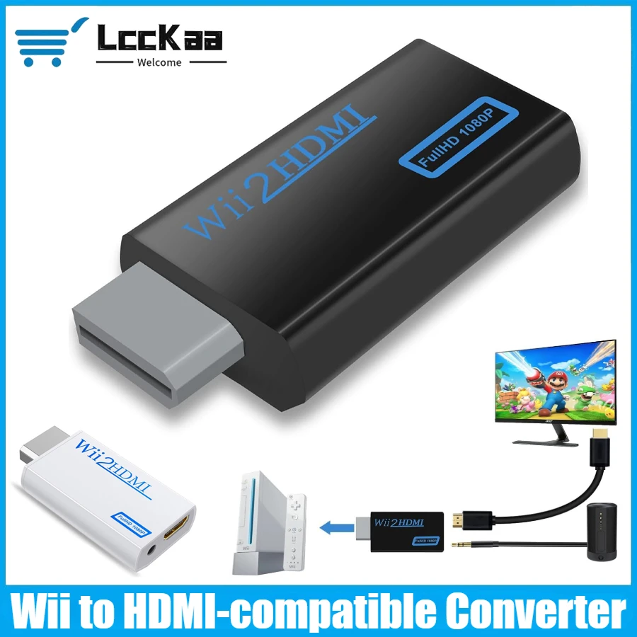 محول LccKaa HD 1080P Wii إلى HDMI متوافق مع محول WII إلى HD مع صوت 3.5 ملم لعرض شاشة HDTV للكمبيوتر مع كابل HD