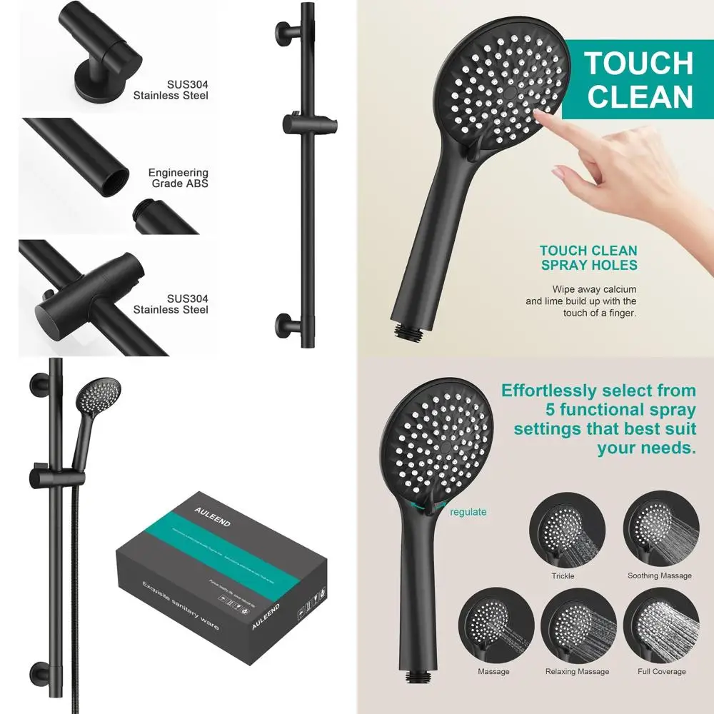 

Adjustable Height 5-Function Handheld Shower Head with Hose and Wall Mount, Matte Black Shower Slide Bar