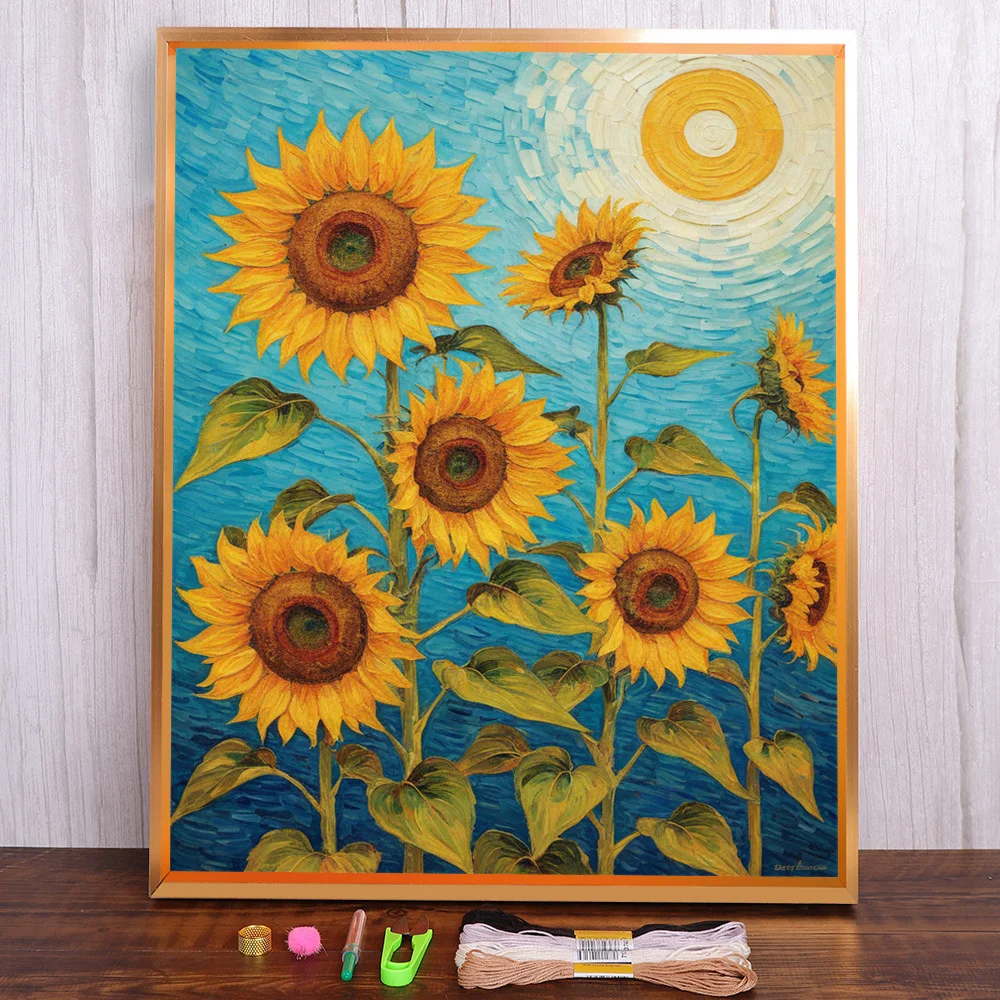 

Sunset Sunflower Pre-Printed Cross-Stitch Set DIY Embroidery Handicraft Handiwork Sewing Knitting Room Decor Package Different