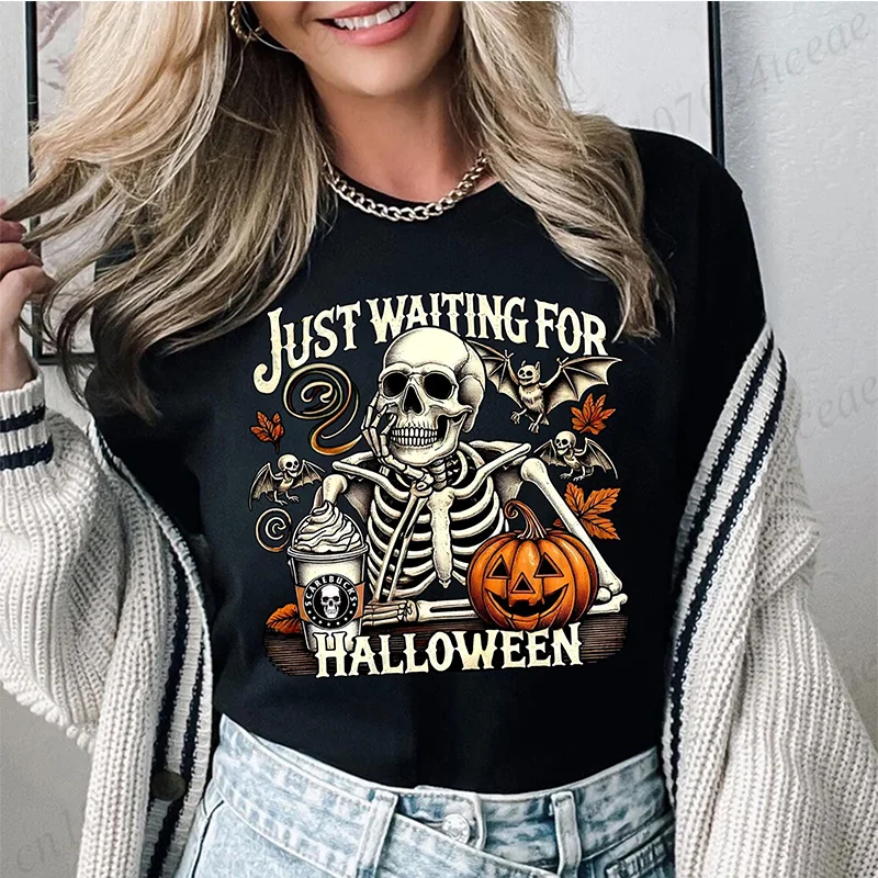 Apenas esperando camisetas de Halloween, roupas femininas de esqueleto de Halloween, camisa de dança de esqueleto, roupas de camiseta de temporada assustadora