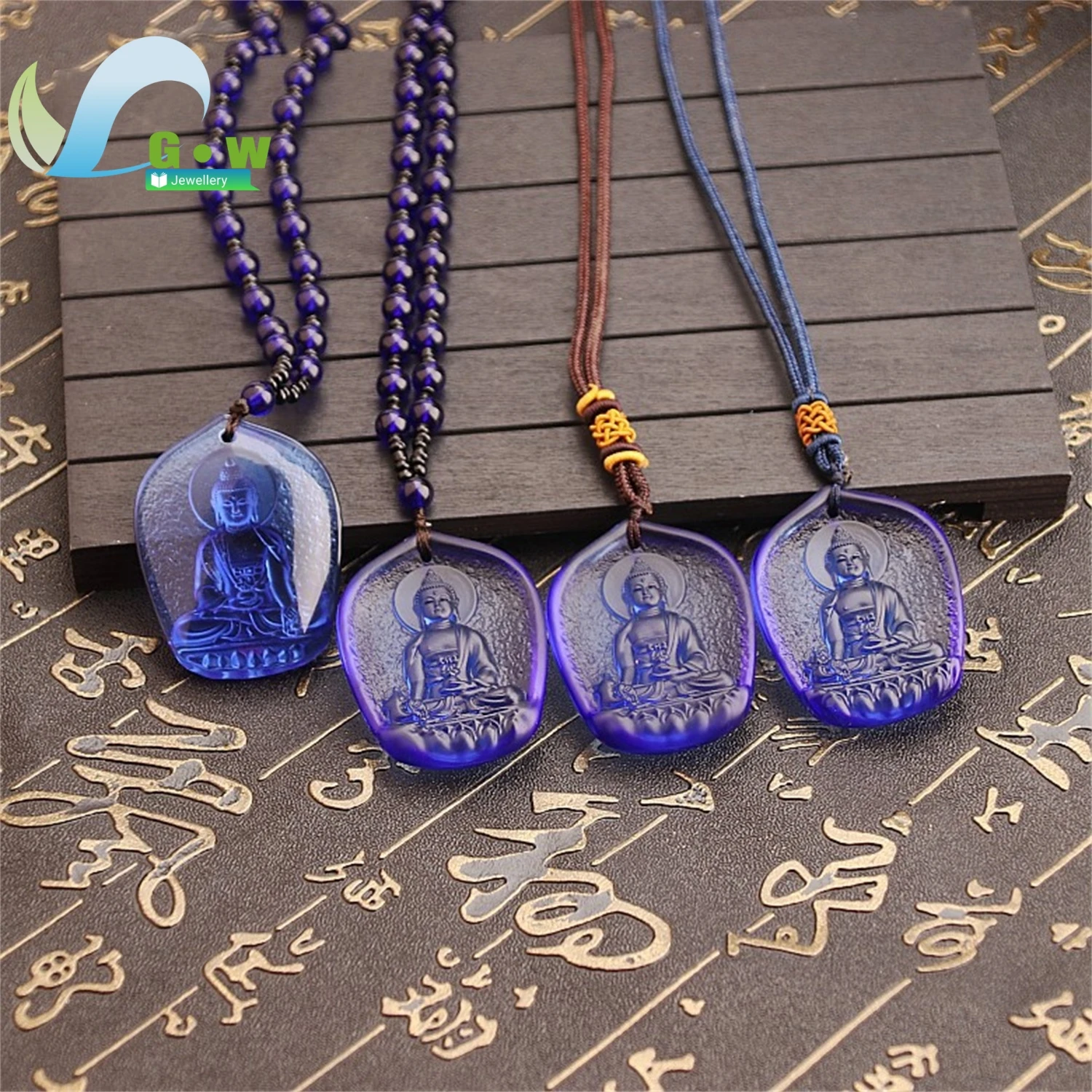 Blue Crystal Teardrop Medicine Buddha Guanyin Pendant Necklace Unisex Spiritual Jewelry Gift for Couples Long Layering Chain