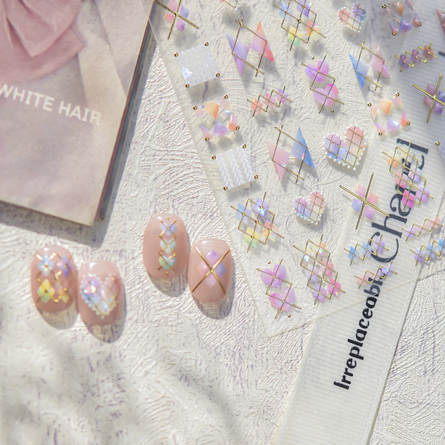 Gold-embossed Nail Art Stickers Luxury Pink Love Heart Checkered Decorative Stickers For Nails Back Adhesive Nail 3D Accessories