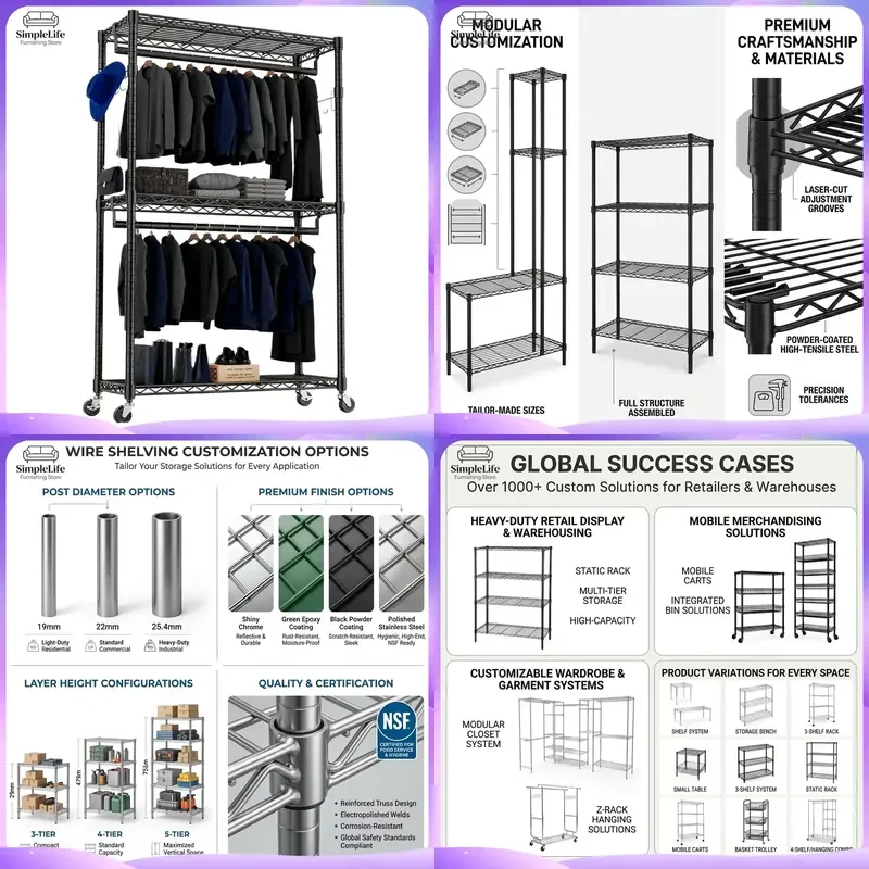 Modern Heavy Duty Rolling Clothes Rack 3 Tier Double Rods Wire Shelves Freestanding Garment Organizer Non Slip Mobile Hanger