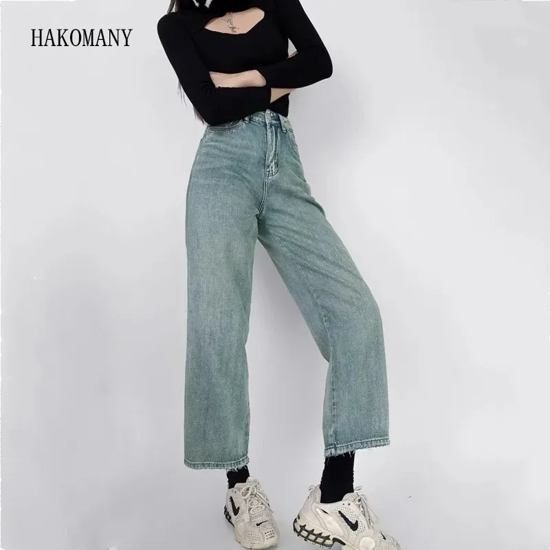 

2023 Women Straight Wide Leg Boyfriend Denim Tenths Pants Burrs Ankle Length Long Trousers American Retro High Waist Mom Jeans