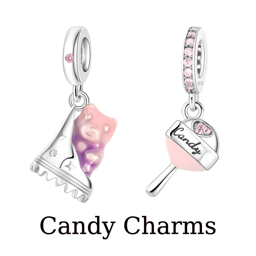 2025 New Arrival Silver Plated Little Bear Candy Lollipop Dangle Charm Fit Pan Bracelet Charms DIY Women Fun Jewelry Gift Design