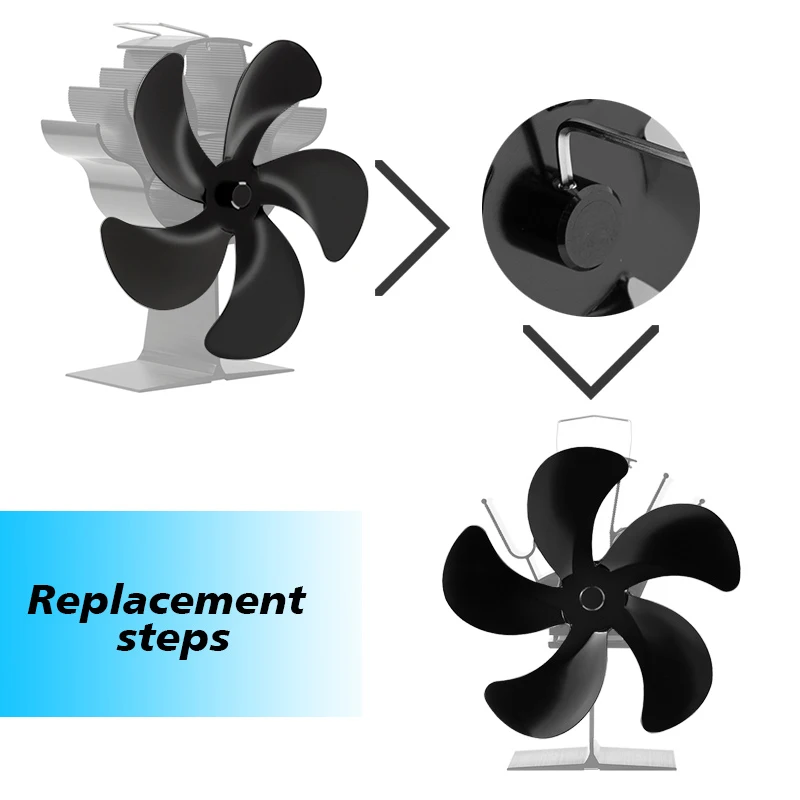 Remplacement du ventilateur de cheminée en alliage d'aluminium, lame à faible bruit, lame de ventilateur de poêle, distribution de chaleur, combustion des bûches de bois d'hiver, 5 pièces