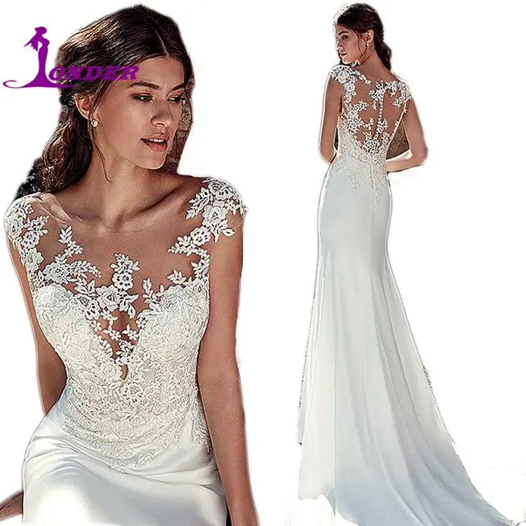 SONDER Abiti da sposa a sirena con applicazioni in pizzo a maniche corte con scollo a V profondo personalizzati Bottoni sottili naturali sul retro Abito da sposa da donna L