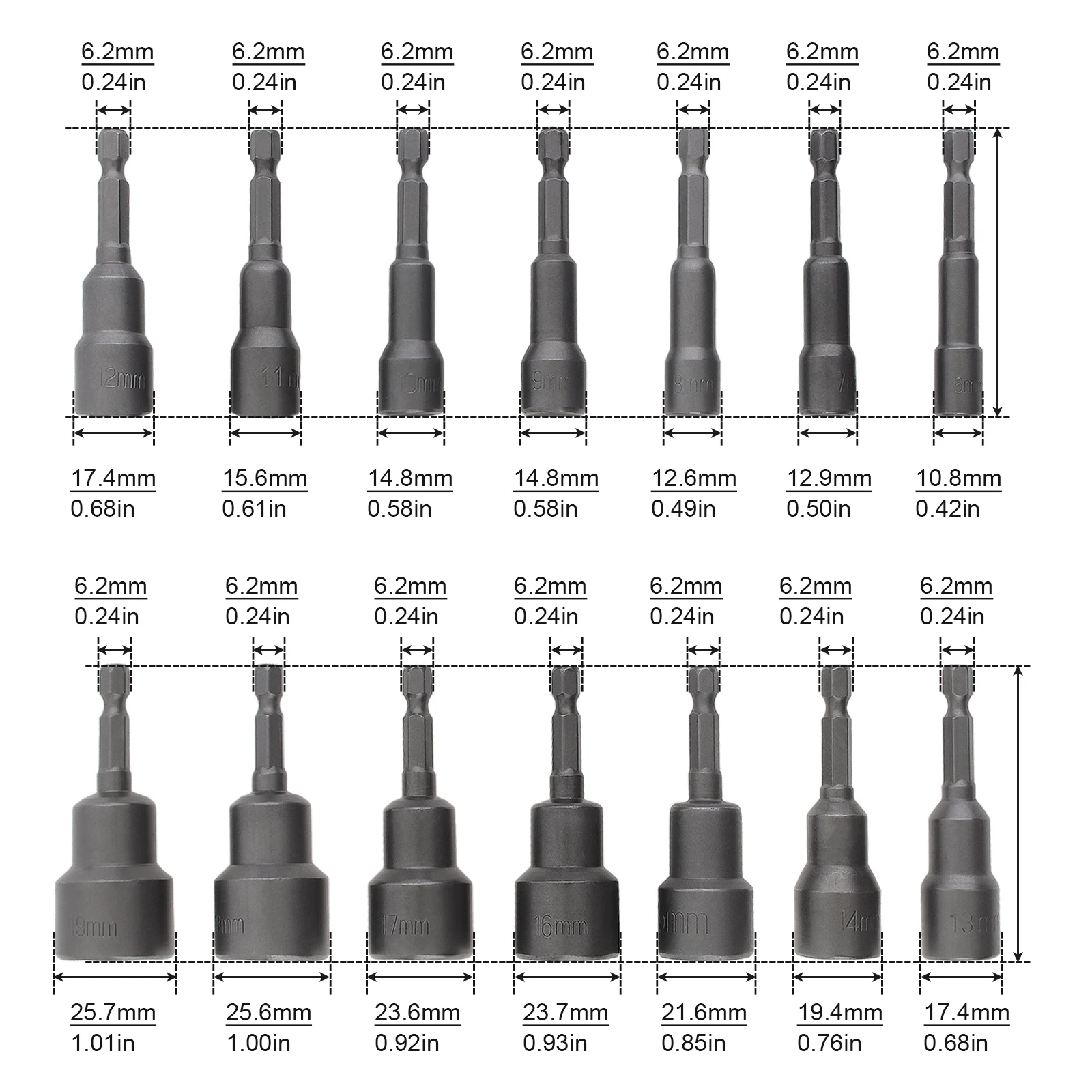 1/4 inch Magnetic Hexagon Socket Nut Driver 6-19mm Hex Shank Drill Bits Set for Electric Screwdriver Power Tools Bolt Remover