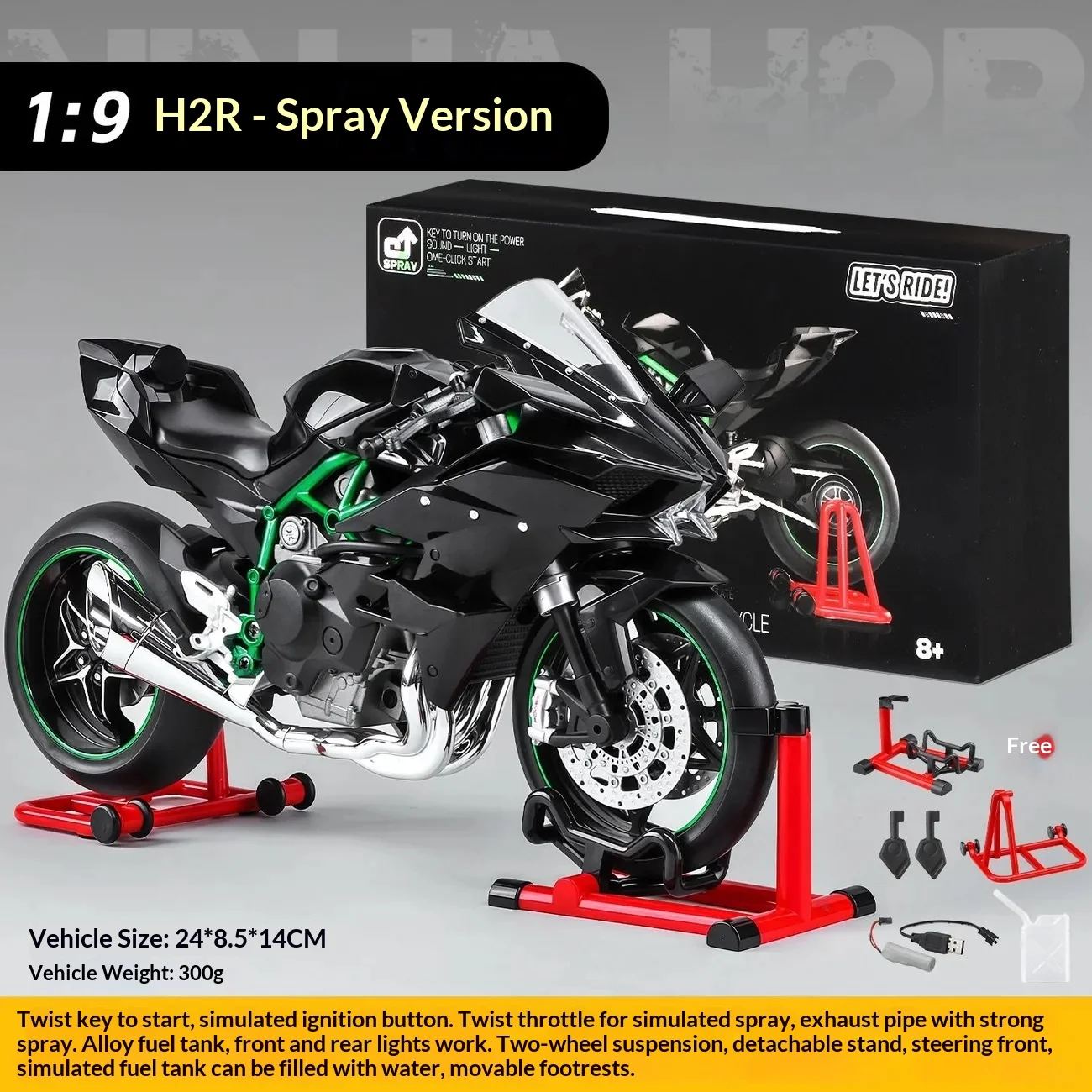 Kawasaki Ninja H2R 1:9 Motorradmodell aus Legierung mit Rauchsprüheffekt, Sammleredition, Geschenkbox für Motorradsammler – Detail 23