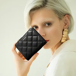 ITAMOOD-cartera de piel auténtica para mujer, tarjetero negro, monedero corto, Mini bolso de mano, tarjetero con Clip corto, novedad de 2024